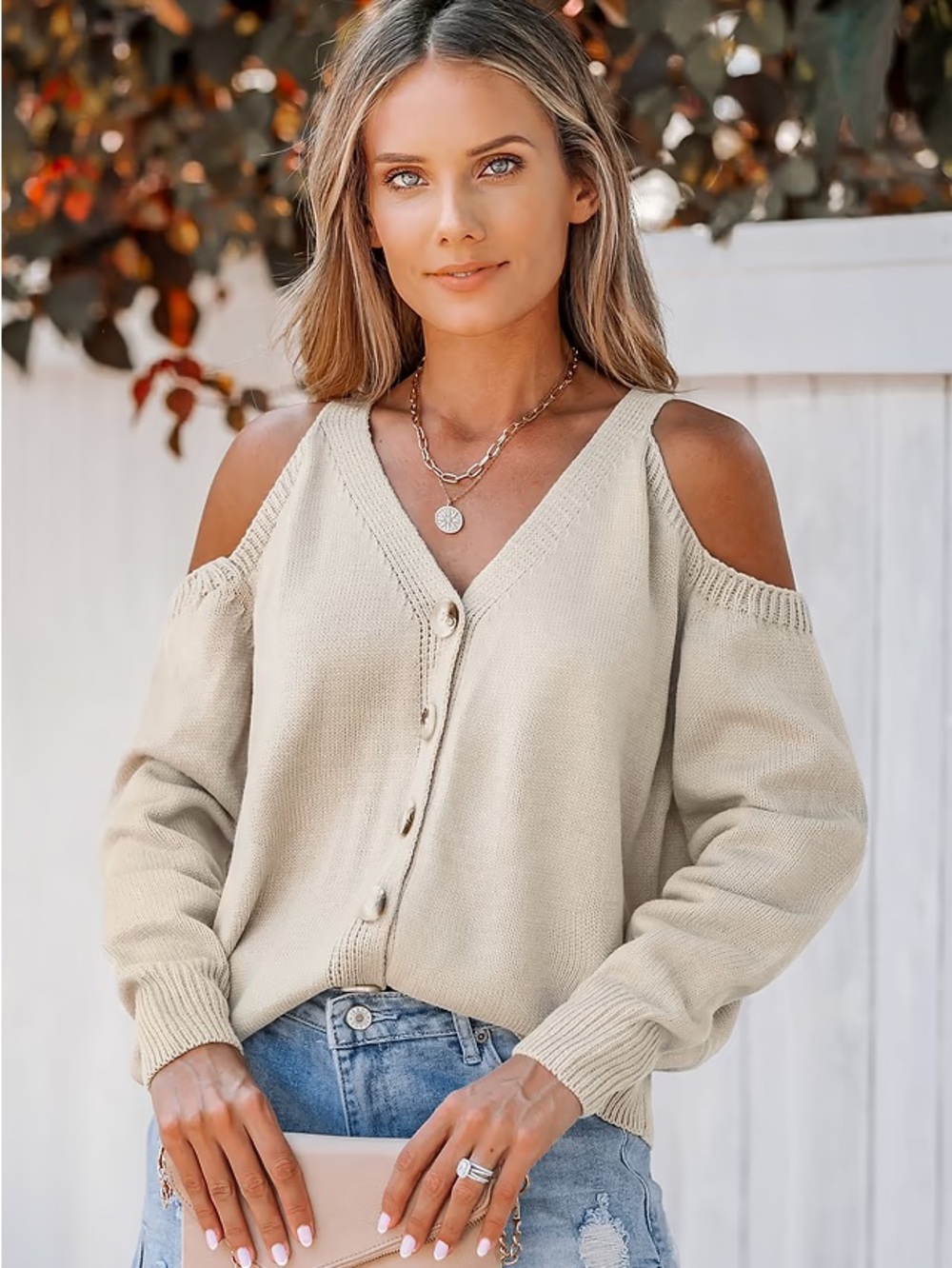 Cupshe Nude Open-Shoulder Button-Front Cardigan | Size M | NWT